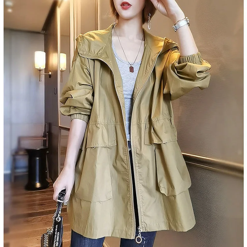 2023 New Spring and Autumn Fashion Commuting Simple Loose Relaxed Mid Length Solid Color Workwear Hooded Windbreaker Coat