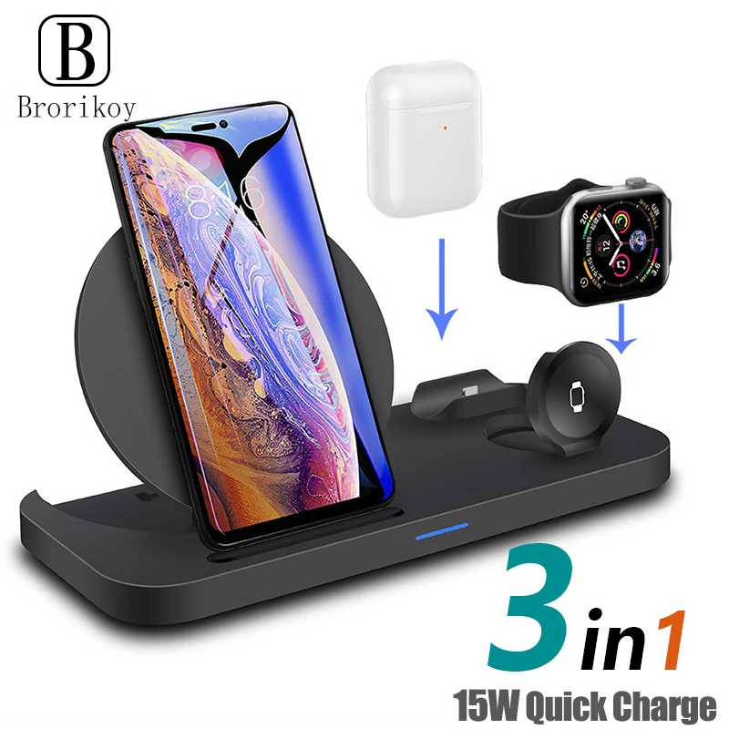 Supporto Per Caricabatterie Wireless 3 In 1 Stazione Di Ricarica Rapida Qi 10W Per Apple Watch Series 5 4 3 Airpods Per Iphone Xs Xr 11 Pro Samsung