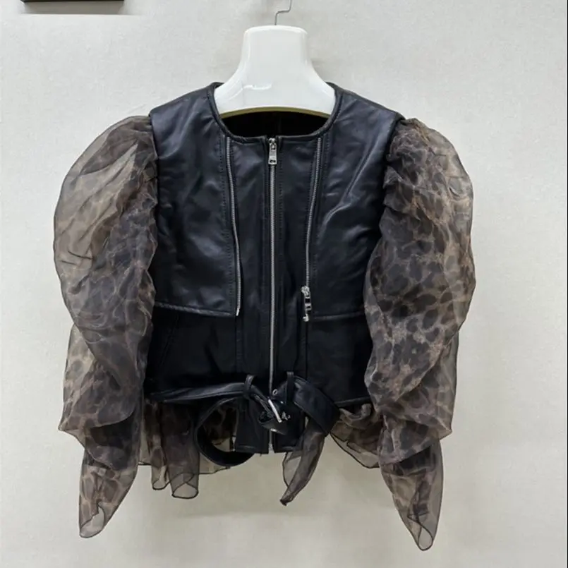 

Женская куртка из натуральной кожи, облегающее кожаное пальто из овчины с пышными рукавами и органзой, Y4224, 2023