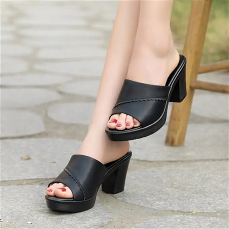Good Quality Size 35-41 Block Heel Black Slippers Women Shoes Summer Open  Head High Heels Slides Ladies Office Slippe Slippers - AliExpress
