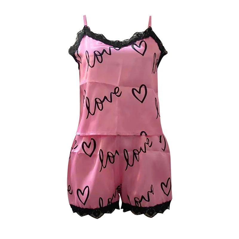 New Ladies Cute Sexy Printed Pajamas 2-Piece Spring/Summer Home Wear Fashion Lace Patchwork Suspenders Set