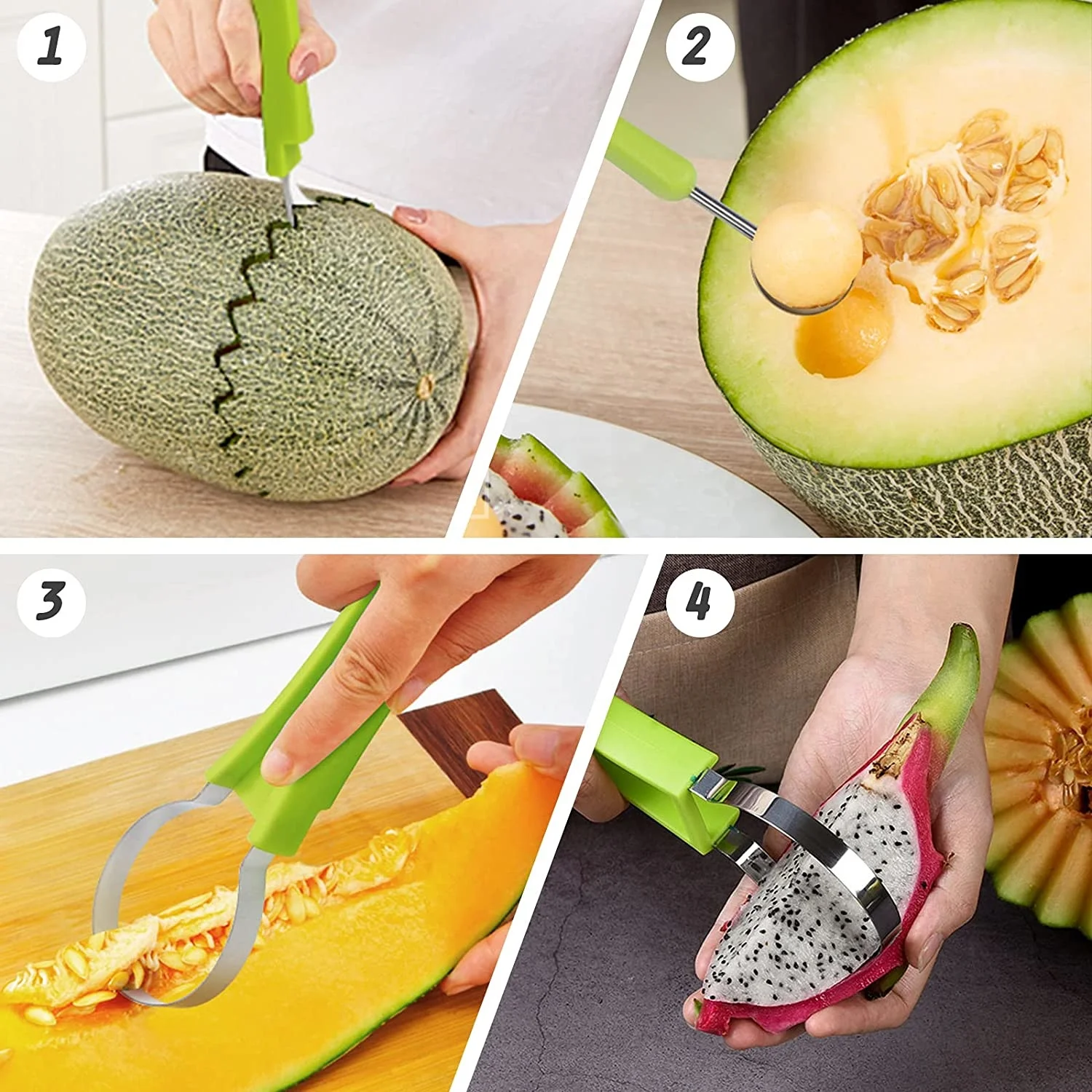 Outil Découpe Fruits 4-en-1 Acier Inoxydable - Cuillère Melon, Éplucheur, Décape-Graines | Vert