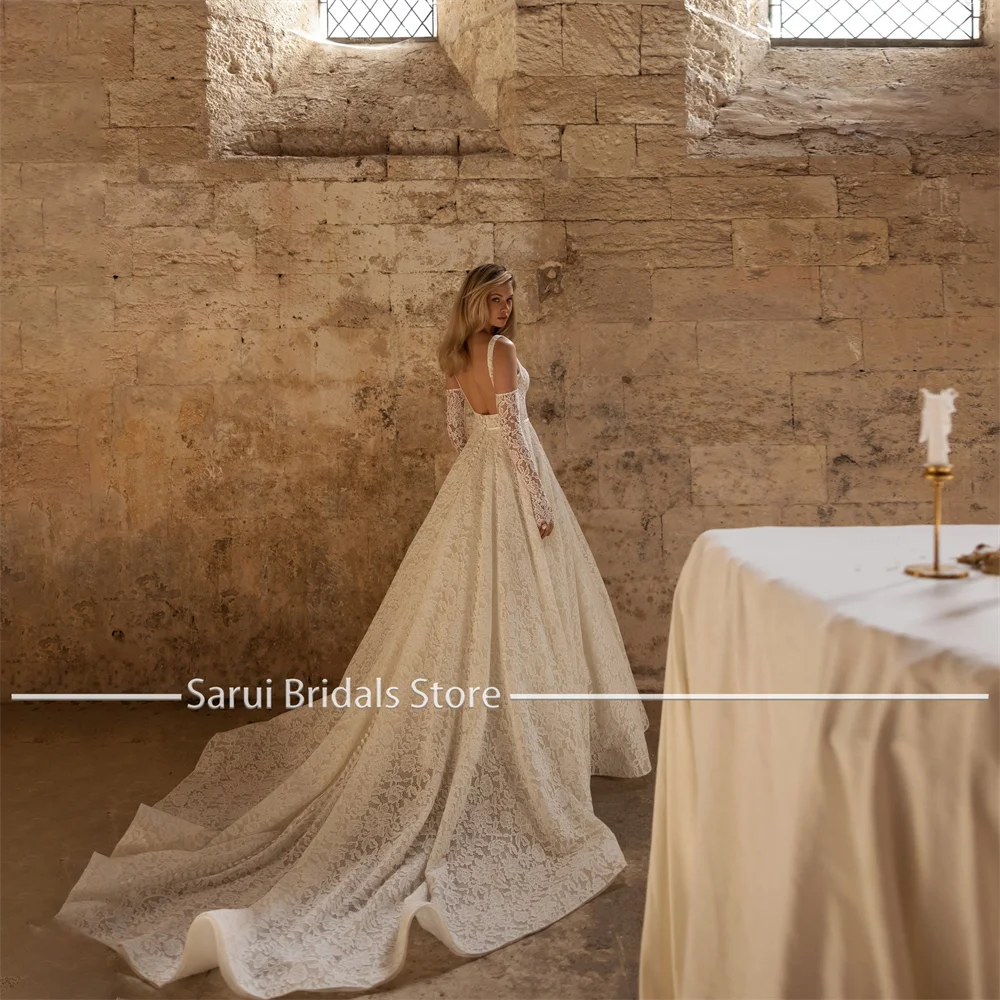 Elegant Square Collar Straples Lace Pleated Wedding Dress Customized A-line Backless Court Bridal Party Gowns Vestidos De Novia