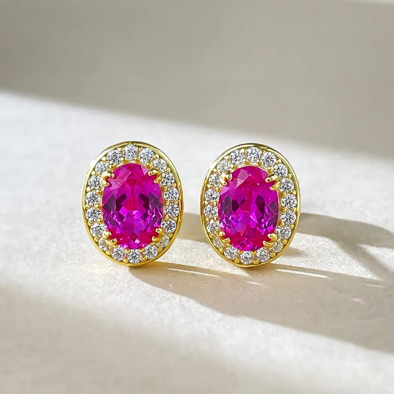 

Live Streaming Xiaohongshu Style 925 Silver Gold-plated One Carat Oval Pink Earrings, Simple and Fashionable, Versatile