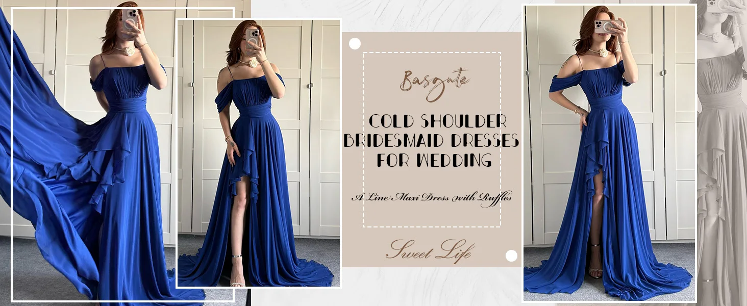 Schulterfreies Chiffon-Brautjungfernkleid mit Schlitz, lang, A-Linie, plissiert, formelles Abendkleid