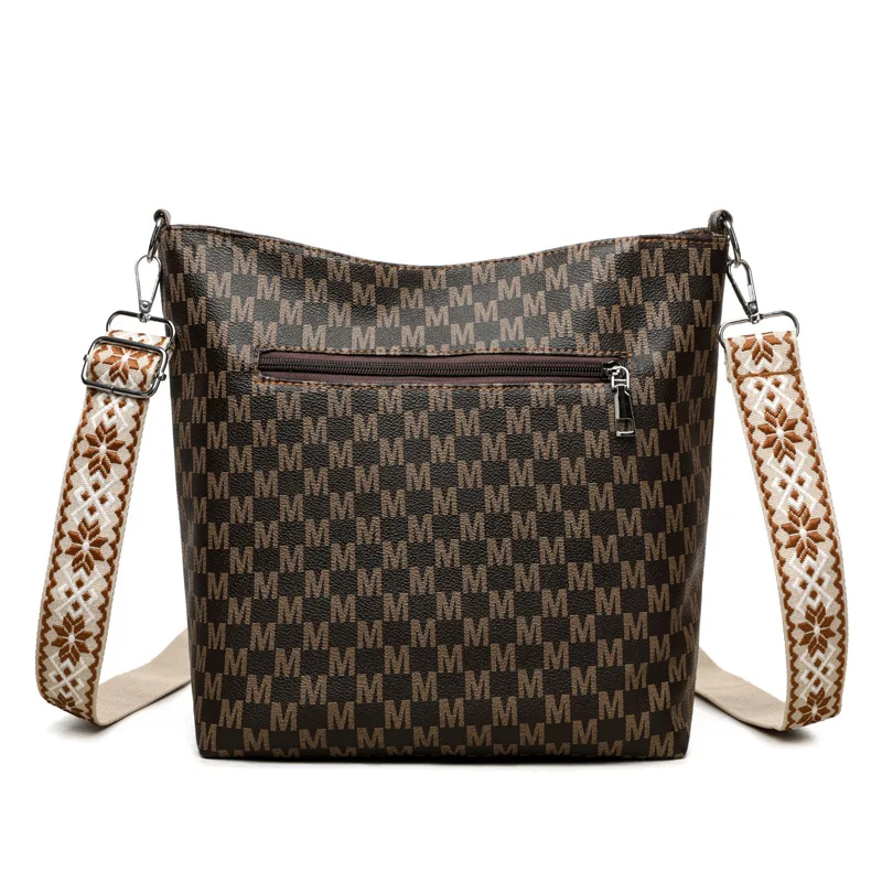 Vintage Women's Crossbody Bag, Faux Leather Shoulder Bag with Golden Hardware, Pattern "M" Design, Removable Strap for Daily Use