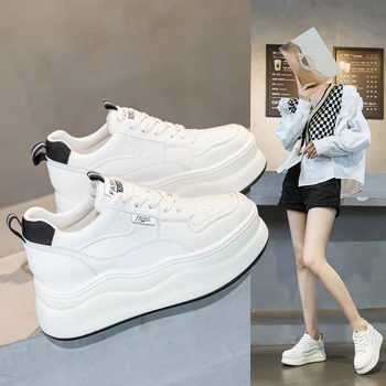 Womens White Leather Platform Sneakers Hidden Heel Lift Casual Low Top Lace Up Shoes With Black Accent For Daily Street Style