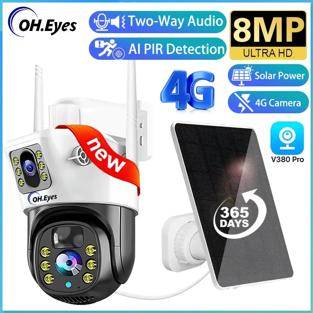 4G 8Mp Dual Lens Ptz Batteria Telecamera Solare 4K Dual Screen Pir Human Tracking Outdoor Wifi Security Cctv Telecamera Ip Di Sorveglianza