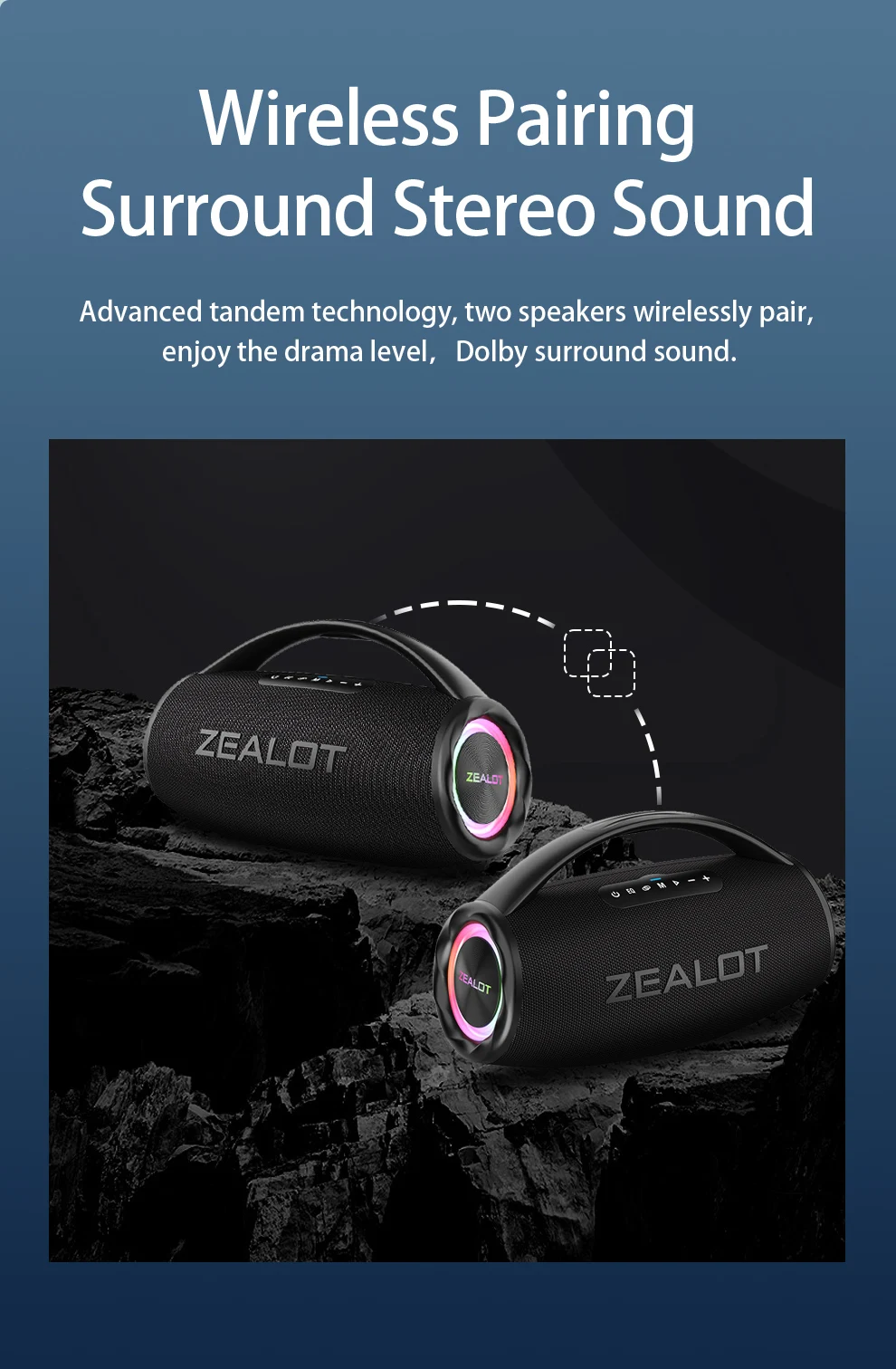 ZEALOT S97 Altavoz Bluetooth portátil de 80W Alto volumen Resistente al agua 16000mAh Subwoofer TWS inalámbrico Suporrt USB/TF/AUX RGB luz.