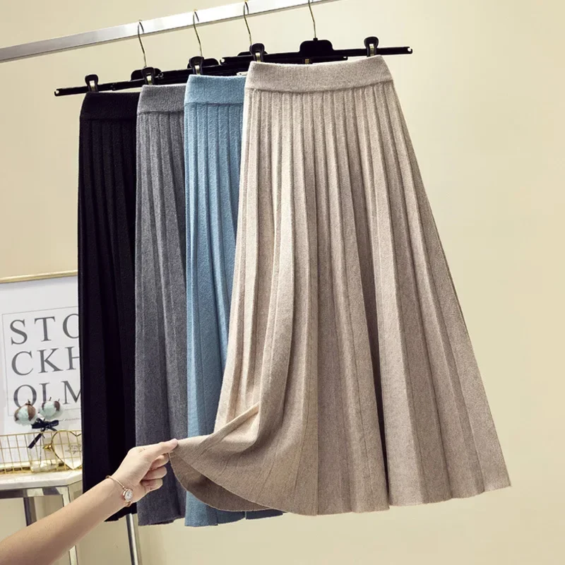 여성용 신축성 하이 웨이스트 플리츠 스커트, 우아한 단색 A 라인 롱 스커트, 2023 가을 겨울 니트 스커트 