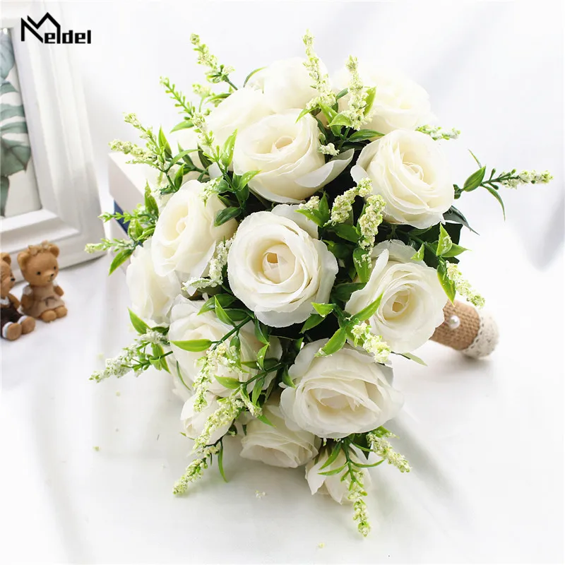 Wedding Bouquets Artificial Rose Flowers Bridal Bouquet Artificial Flower Wedding Holding Flowers White Artificial Natural Rose for Bridesmaid Bride Wedding Decorations