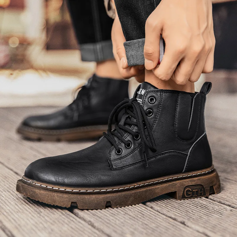 

British Fashion High Top Leather Boots Autumn and Winter Outdoor New Casual Martin Boots High Top Lacing Retro Motorcycle Boots