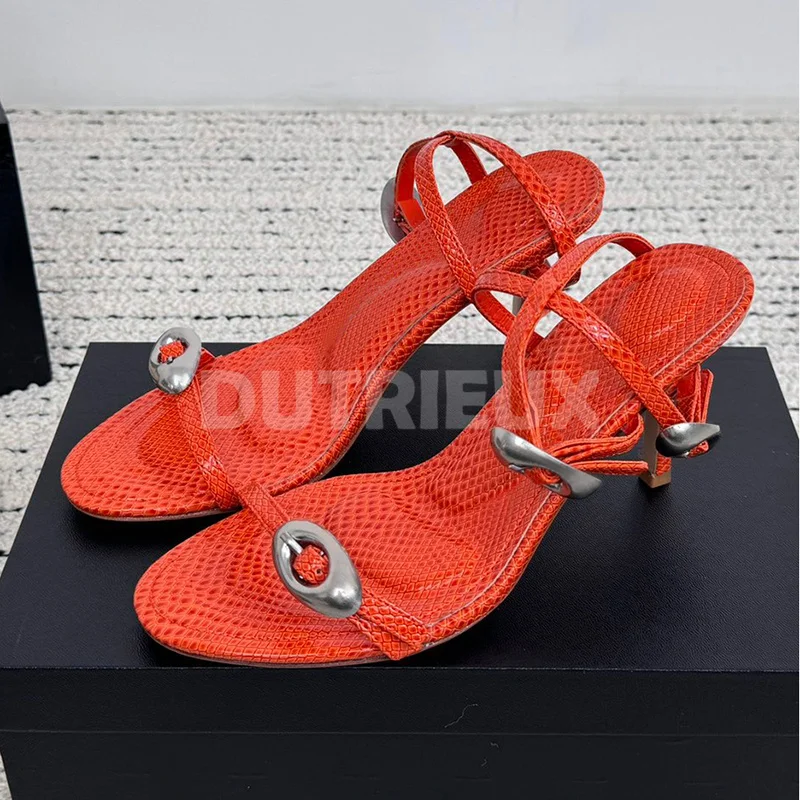 

Summer 2024 New Style Ladies Sandals Round Head Snake Skin Upper Cross Belt Design Sandals Elegant Luxury Women Shoes