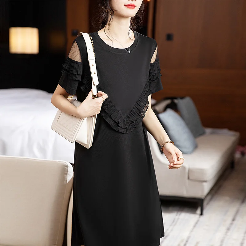 

#4558 Black Off Shoulder T Shirt Dress Short Sleeve Sexy Split Joint Ruffles A-line Dress Round Neck Office Tshirt Dress Summer