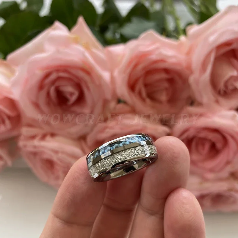 Tungsten Carbide Ring for Men Women Wedding Band Light Blue Carbon Fiber Meteorite Inlay Polished Shiny Comfort Fit - Image 5