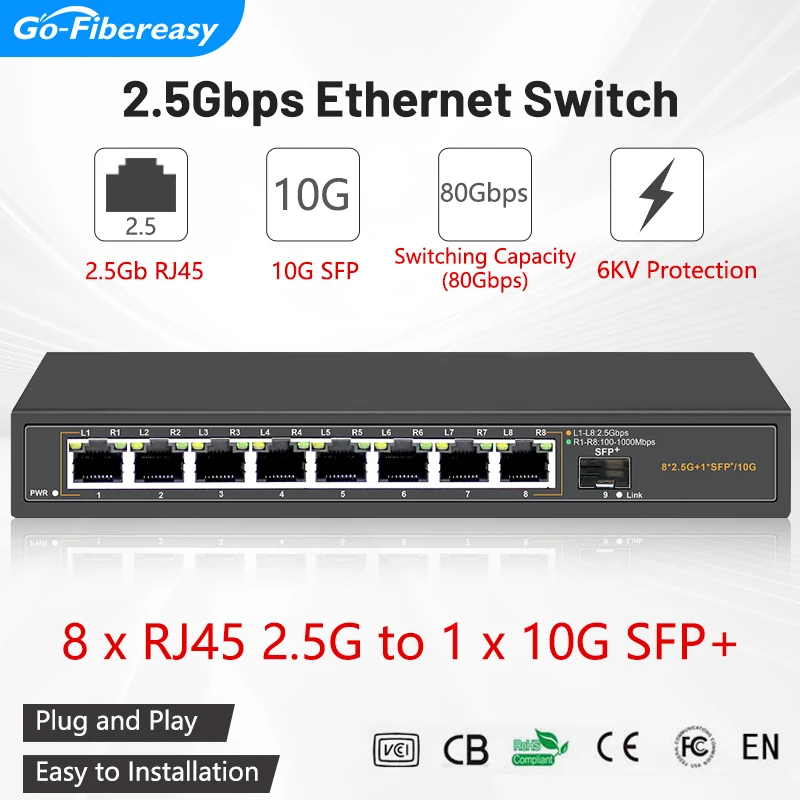 

2.5Gb Ethernet Switch 8-Port RJ45 to Uplink 10Gb SFP+ Optical Port 2.5Gbps Ethernet Network Switchs For IP Camera/Wireless AP