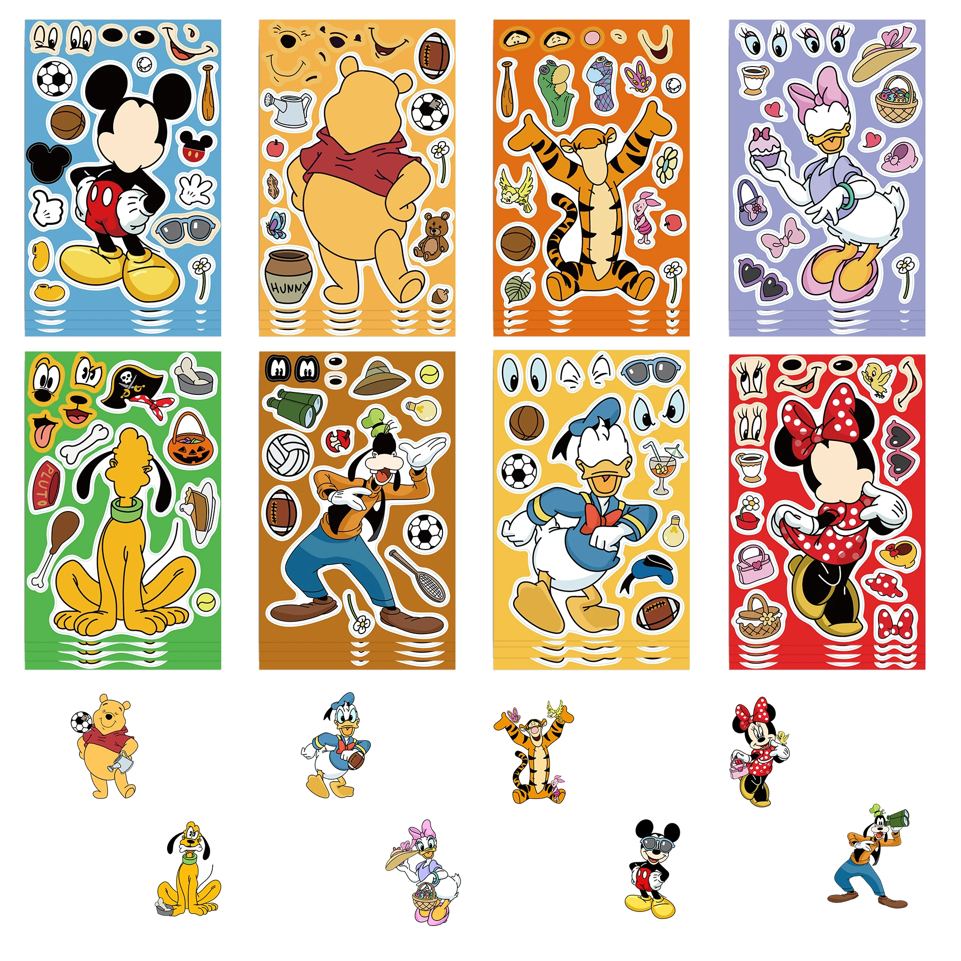 8/16/32Pcs Children DIY Puzzle Sticker Winnie Mickey Character Face Assemble Stickers Kids Toys Boys Girls Gifts Decals 3