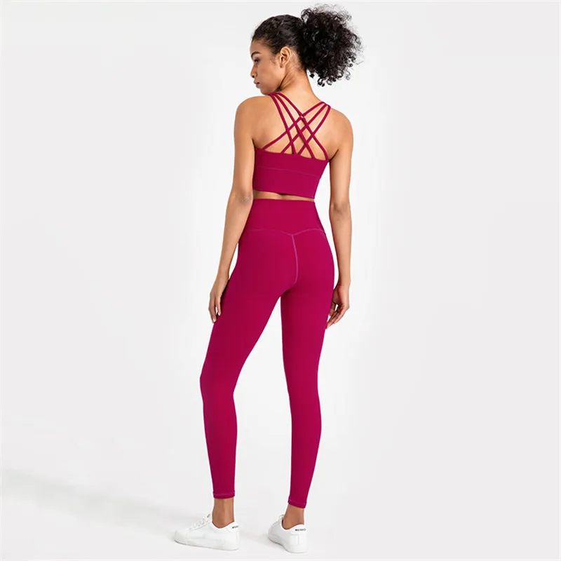 

Solid Color Soft Women Fitness Yoga Set Tight Cross Sports Bra Top Yoga Legging Two Piec Suit Workout Clothing For Gym Sportwear