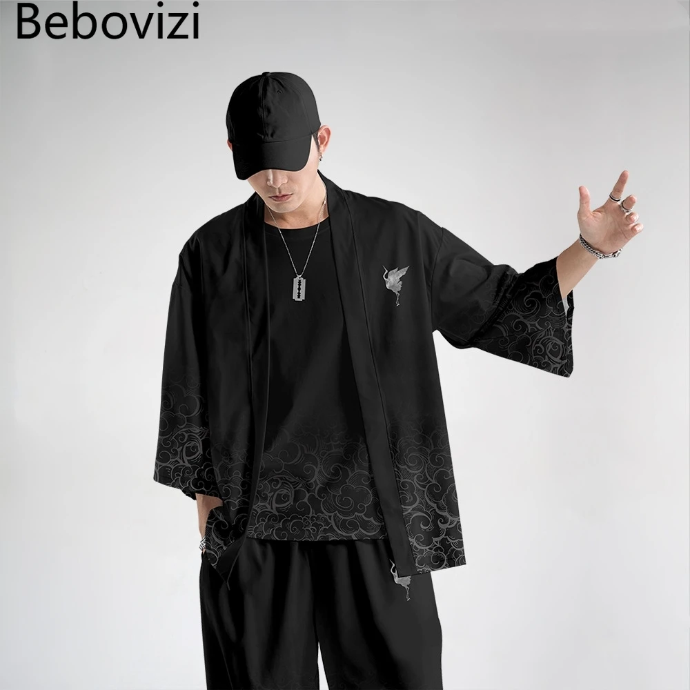 Bebovizi Japanese Crane Kimono Cosplay Pant Men Women Cardigan Samurai Robe Black Clothes Summer Yukata Vintage Haori