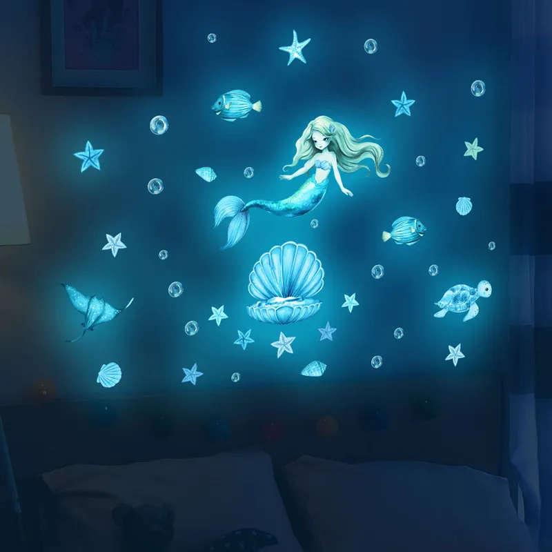 Glow In The Dark Mermaid Stickers Kids Room Decor Sea Animals Luminous Wall Sticker Seabed Marine Life Starfish Glowing Decals
