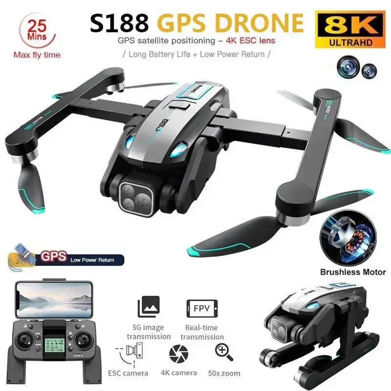 새로운 S188 8K GPS 드론, 듀얼 카메라, 5G WiFi 컨트롤, 브러시리스 모터, 접이식, 2KM 거리, 사진 촬영용 쿼드콥터