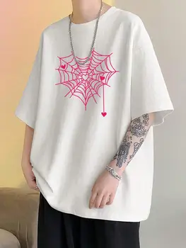 Pink Love Spider Web Funny Graphic Printing Tshirts Men Fashion Cotton T Shirts Summer Breathable Clothes Oversize Street Tee 1