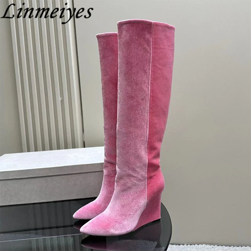

Sexy Wedges Heels Knee-High Boots Women Autumn Pointed Toe Velvet Long Boots Female Pink High Quality Versatile Boots Woman