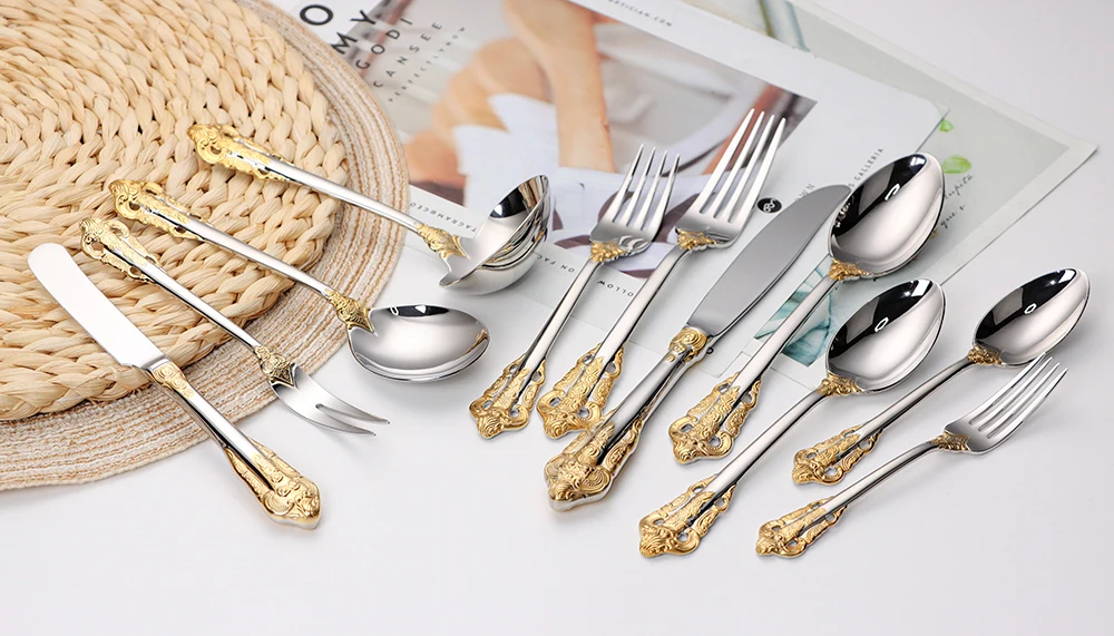 Description Picture 6 of item1piece Luxury Gold Plated Cutlery Set Vintage 18/10 Stainless Steel Knife Fork Spoon Gravy Ladle For Wedding Dinner Party Hotel