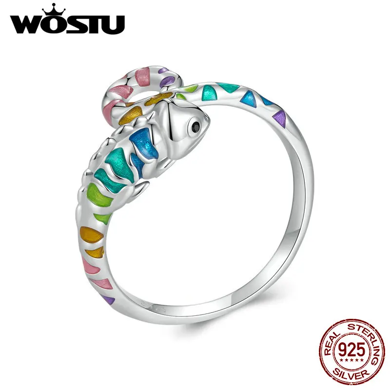 

WOSTU Rainbow Chameleon Open Ring 925 Sterling Silver Multi Color Animal Adjsutable Rings Women Girl Bithday Jewelry Unique Gift