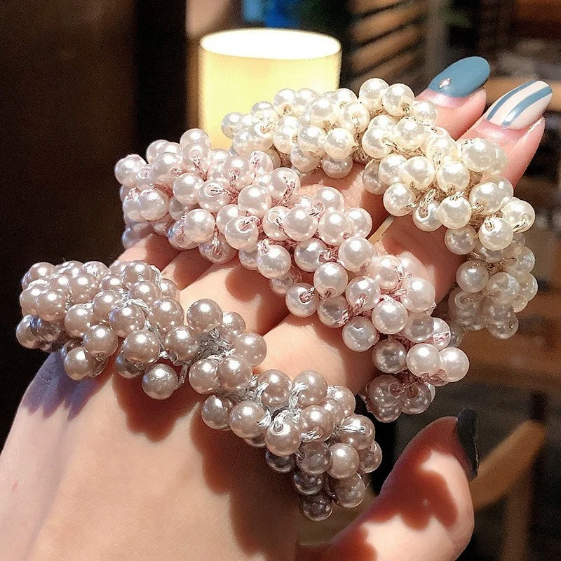 Pearl Multicolor Beads Hair Tie Lady Elastic Hair Rope Simple Metal Sheets Scrunchies Ponytail Headdress for Women Accessories