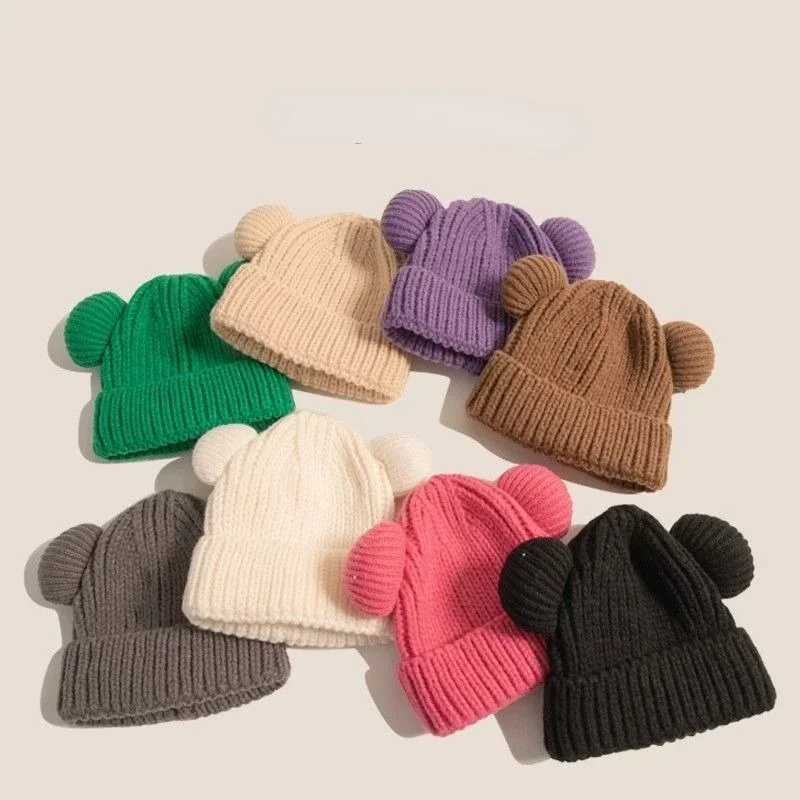 2-6Y Korean Loose Big Head Waist Little Bear Ears Woolen Hat Kids Autumn Winter Thickened Warm Knitted Hat Cute Ear Protection