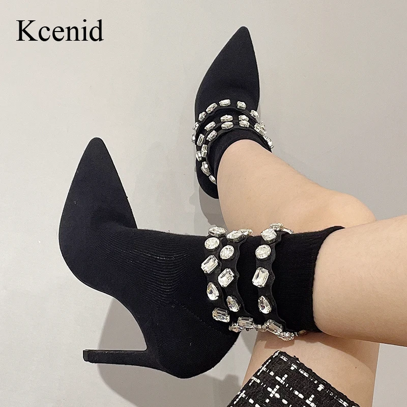 

Kcenid 2023 New Diamond Crystal Stretch Fabric Women Ankle Boots Sexy Pointed Toe High Heels Fashion Female Socks Pumps Shoes