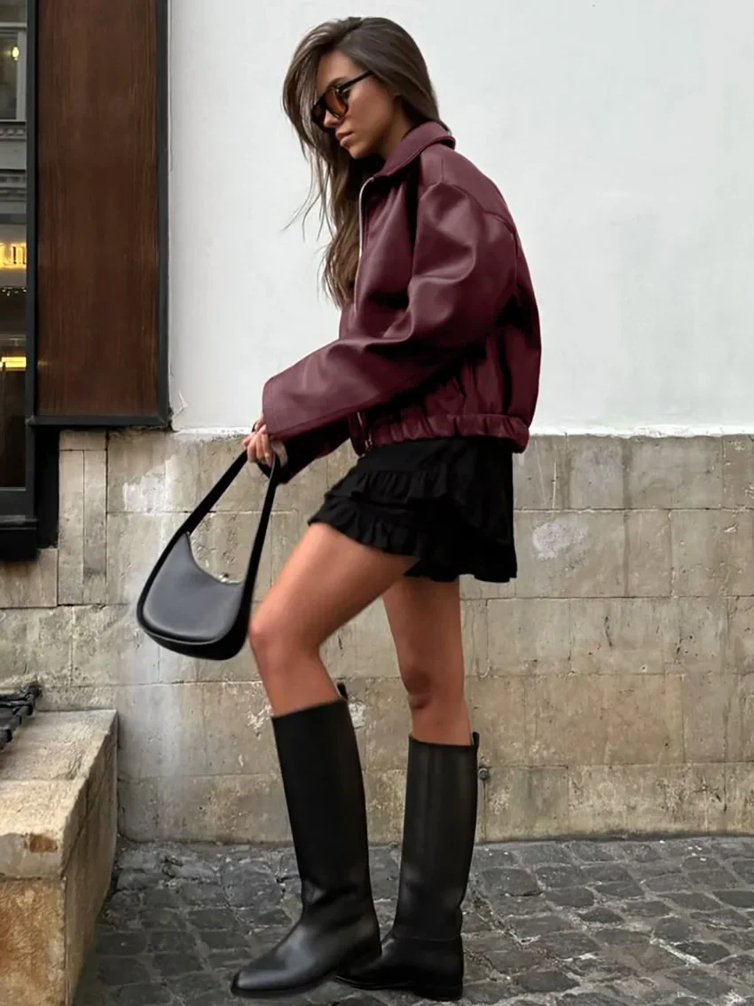 Angola Red Leather Jacket Zip Motorbike Jackets Bomber Jacket Fashion Outerwear Autumn Winter Tops Women Clothes Coat Streetwear