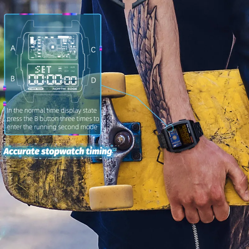 North Edge Uhren für Männer Quadrat Edelstahl wasserdicht Wecker