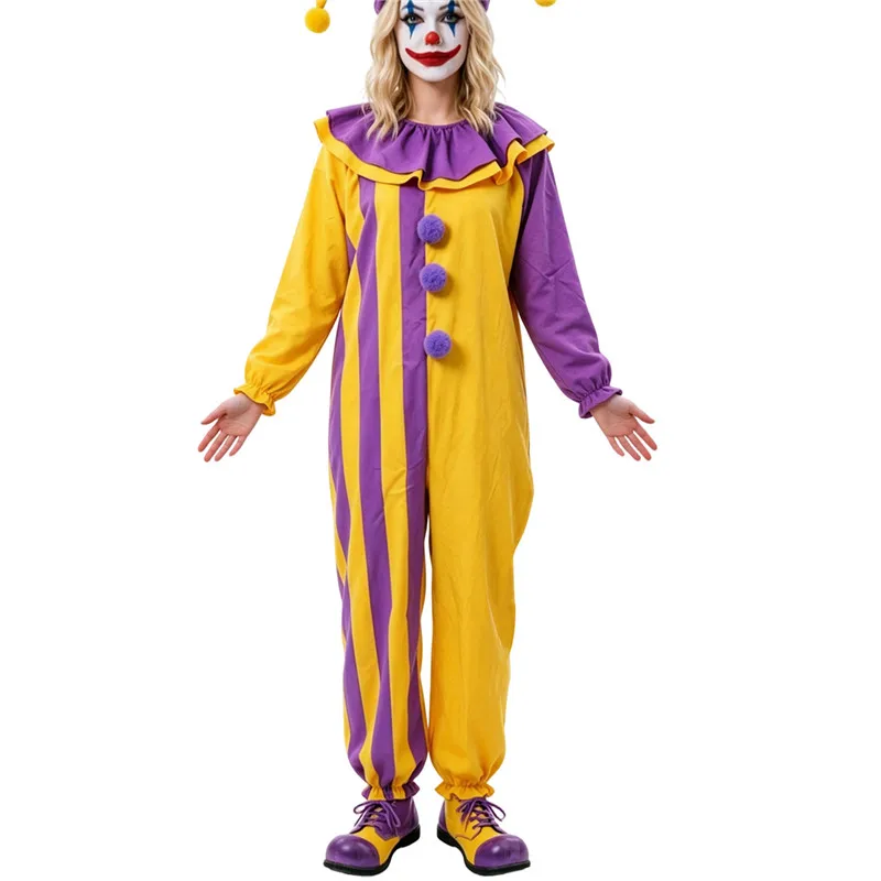 Costume da Clown Classico per Adulti, Tuta a Righe a Maniche Lunghe con Colletto Arricciato, Abbigliamento da Circo per Carnevale, Costume per Festa di Halloween - immagine 5