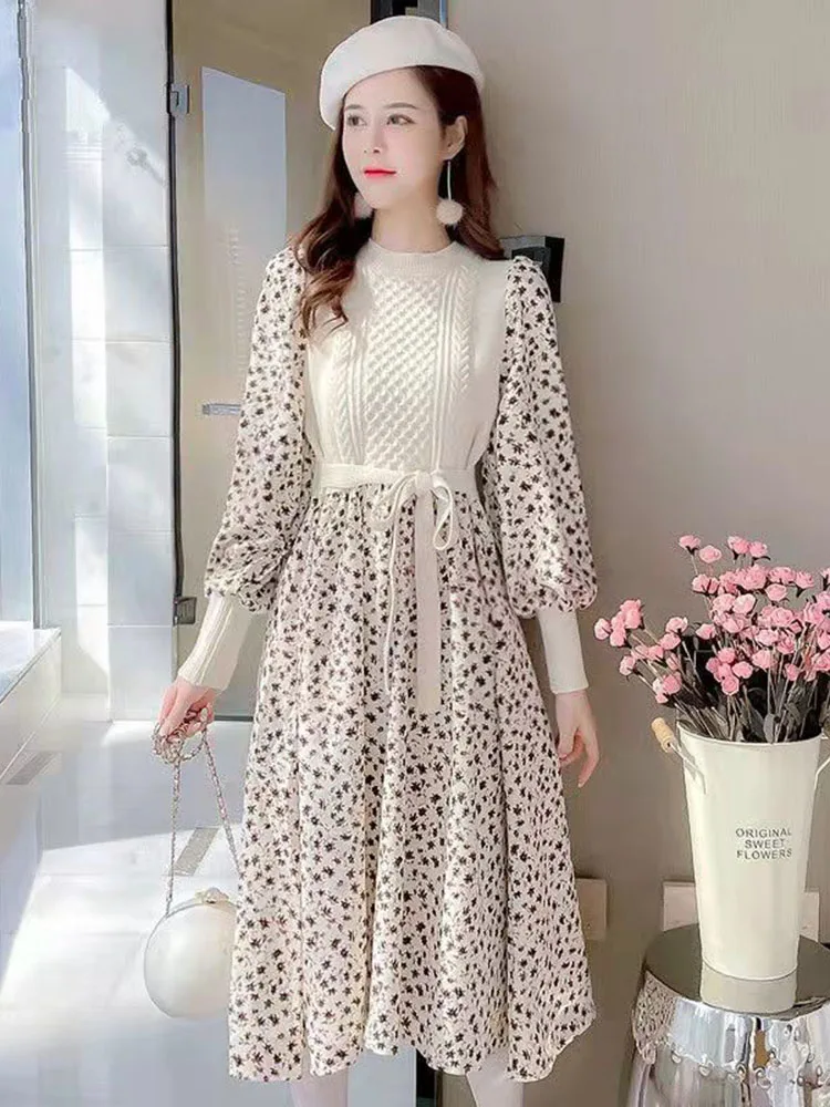 

2023 Autumn Womens Dresses Fashion Corduroy V-Neck Floral Stitching Bow Lace-Up A-Line Long Dress Female One size