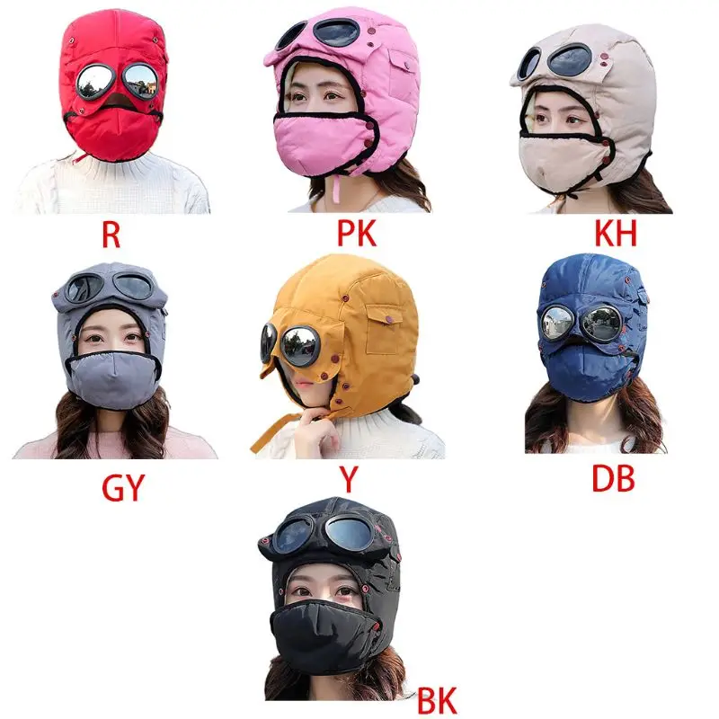 

Adult Kids Winter Warm Trapper Hat with Earflap Face Mask Goggles Windproof Thermal Plush Lined Skiing Ushanka Cap