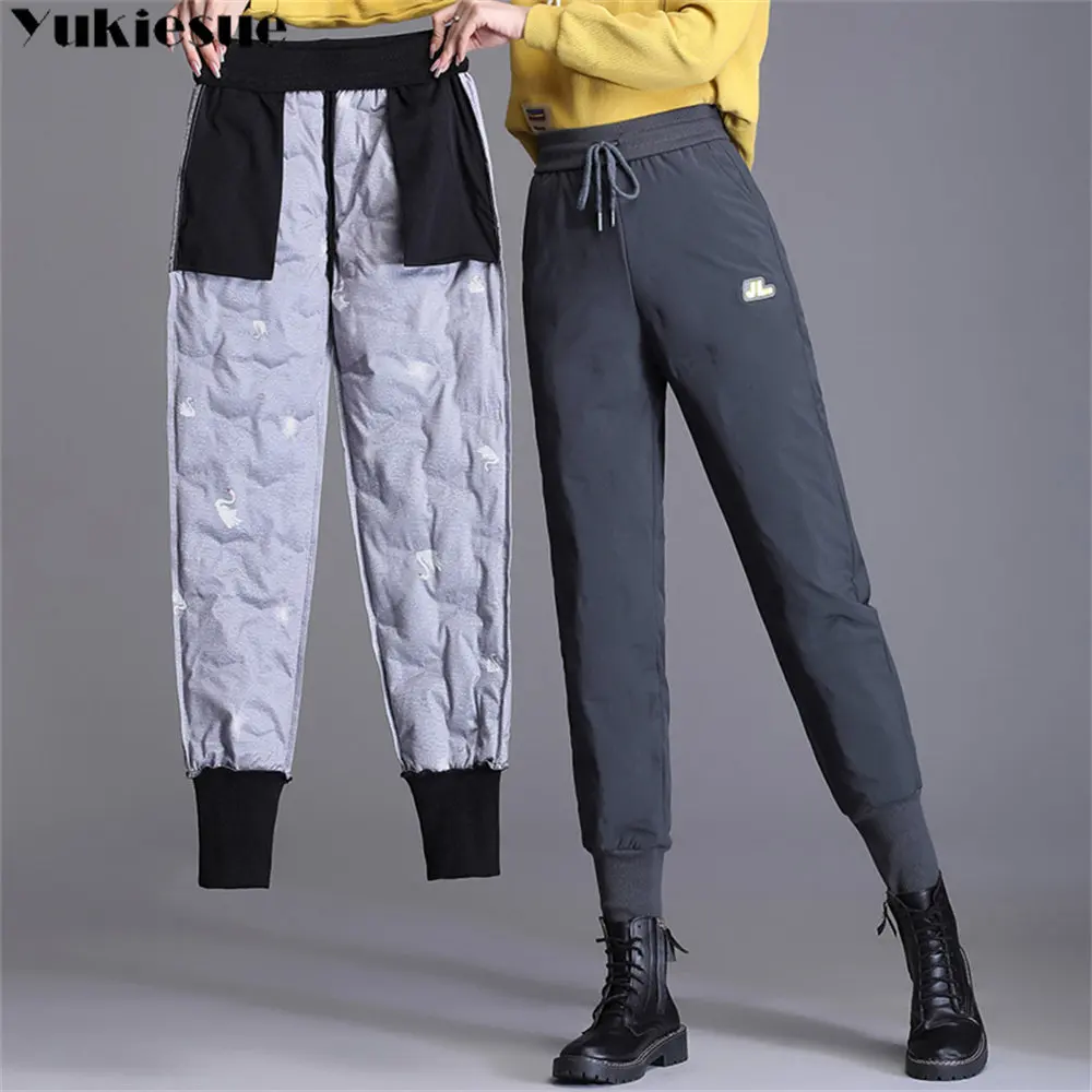 

2022 Korean Winter Fashion Leisure Elastic High Waist Duck Down Cotton Trousers ElegantWomen Thickening Warm Simple Sport Pants