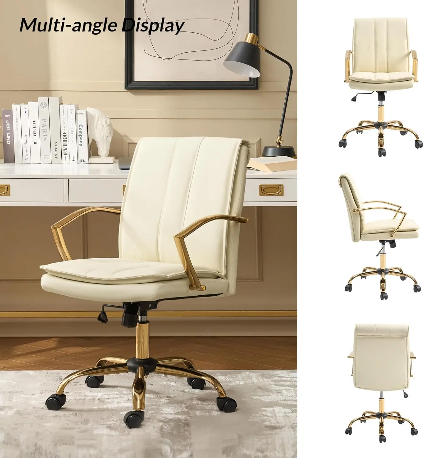 Hulala Home Faux Leather Office Chair, Modern Adjustable Swivel Rocking Rolling Wheels Computer Desk Chair With Gold Legs And 6