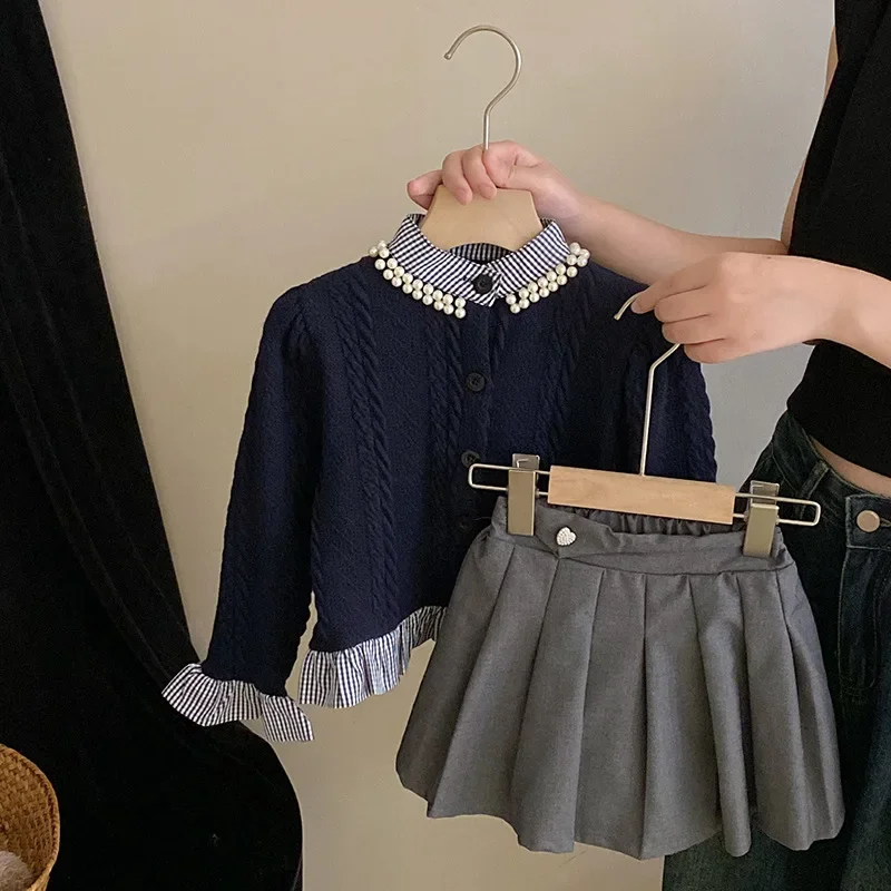 

Children Clothing Set Girls Autumn Cardigan Sweater Set 2023 New Fashionable Top and Skirt Princess Sweet Two Piece Set