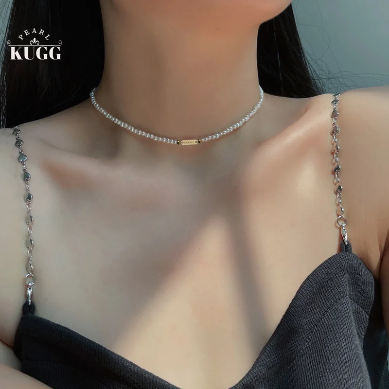 KUGG PEARL 18K Yellow Gold Necklace Natural Freshwater Pearl Chain Necklace Fashion INS Elegant Jewelry for Women