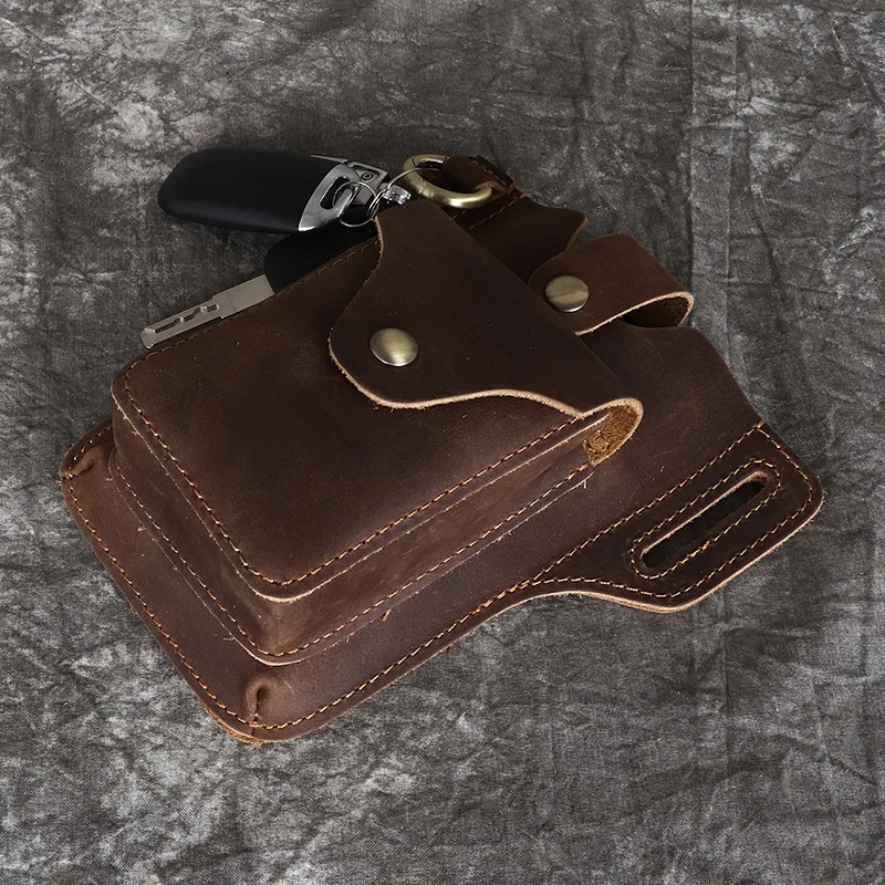 Genuine Leather Men's Waist Bag With Keychain Multifunctional Retro Style Key Wallet Sports Phone Waist Bags For 6.5 In Phone