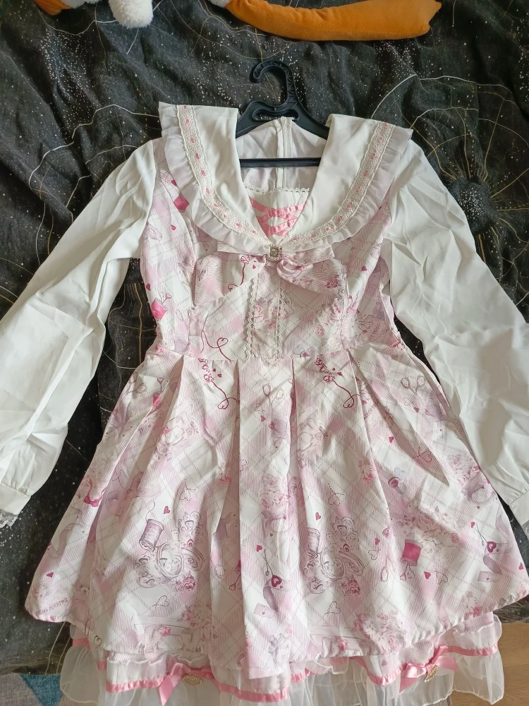 Japanese Sweet Lolita Kawaii Dress Women Spring Printed Bow Design Fake Two Piece Dress