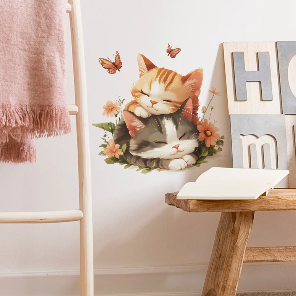 Wall Stickers Luminous Wall Stickers Vinyl Decal Stickers Cartoon Cute Cat Sleeping Wall Sticker Kids Room Background Decor Mural For Baby Bedroom Home Decoration Self-adhesive Wallpaper