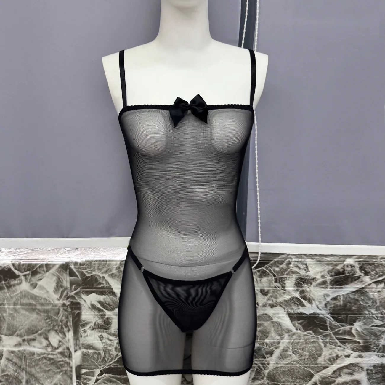 Seductive Black Mesh Bowknot Bodysuits Charming With Transparent Bust Panel And Straps Plus Size Bodysuits Sleeveless Fiery FE61