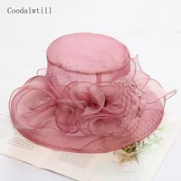 New Women Elegant Summer Organza Hat Bow Flower Sun Hat Wide Brim Fascinator Wedding Headwear Female Derby Travel Event Chapeau 6