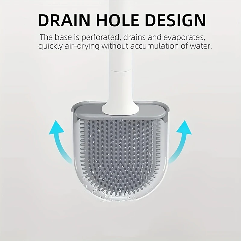 Toilet Brush Set Hanging Water Leak Proof with Base Silicone Wc Flat Head Flexible Soft Bristles with Quick Drying Holder