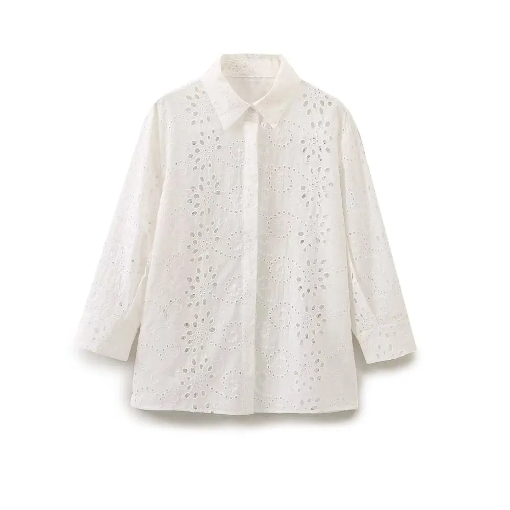 

Women's New Fashion Slim Fit Single breasted Hollow Embroidered Women's Shirt Retro Lapel Long sleeved Women's Shirt Chic Top