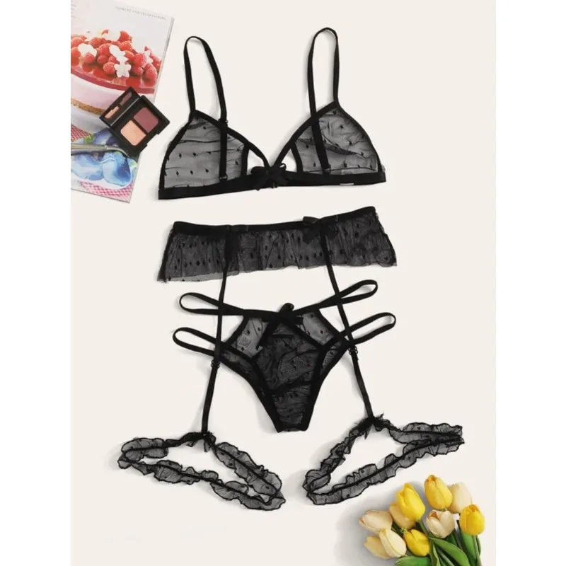 

Sexy Bra Set Transparent See Through Bra and Panty Set with Garter Perspective Mesh Lace Lingerie Set Ladies Underwear Sets