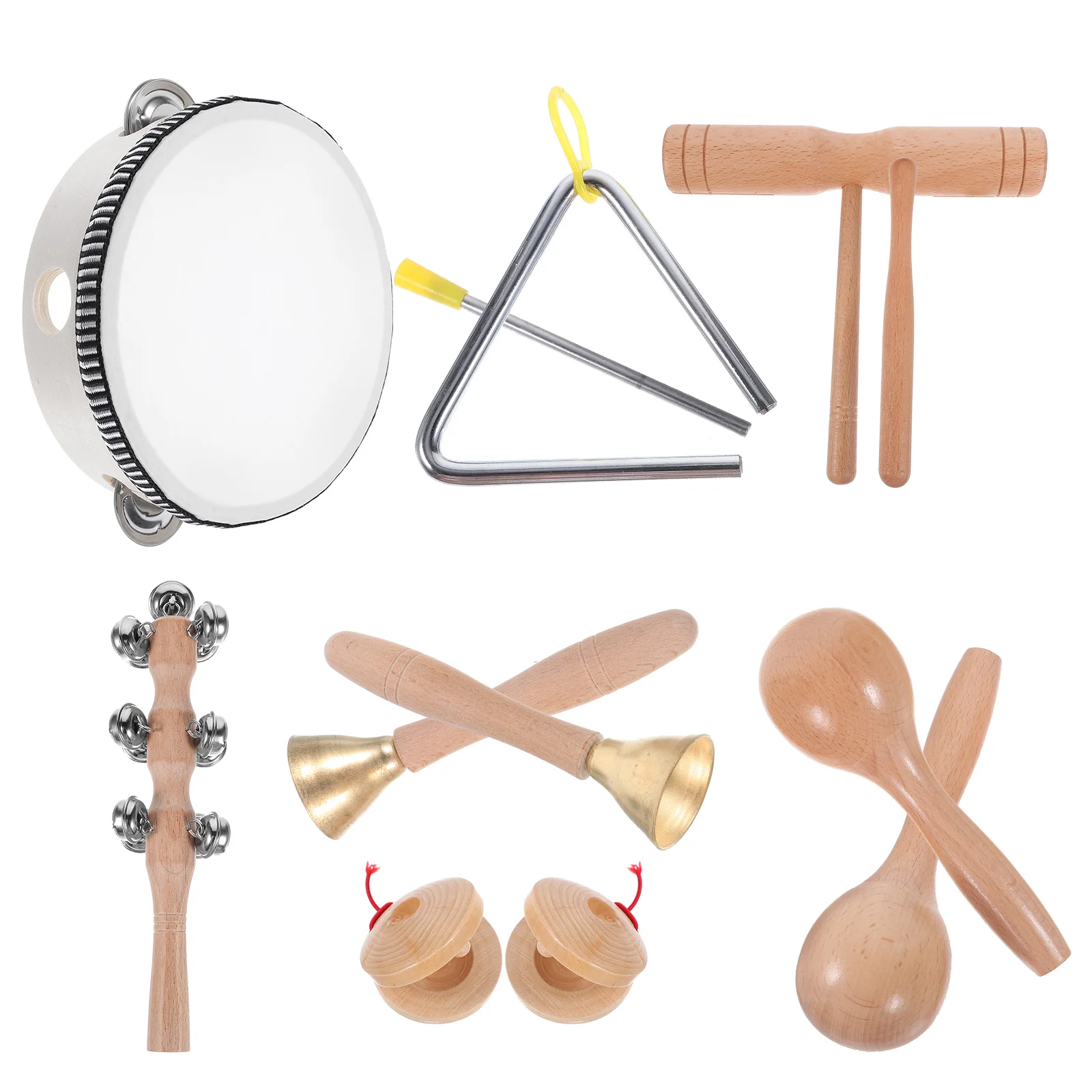 

1 Set Wooden Percussion Instrument Tambourine Drum Maraca Shaker Shaking Bell Triangle Bell Rhythm Block Castanets Wooden